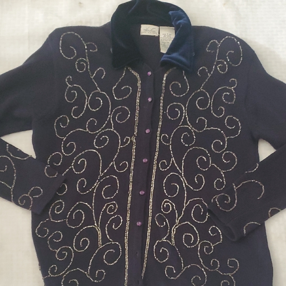 Embellished Navy Women's Cardigan with Velvet Collar - Picture 2 of 12